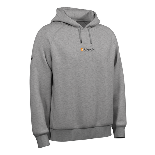 A Grey Crypto-themed NODE Hoodie with a Bitcoin decal on the front, made from ethical and sustainable materials.