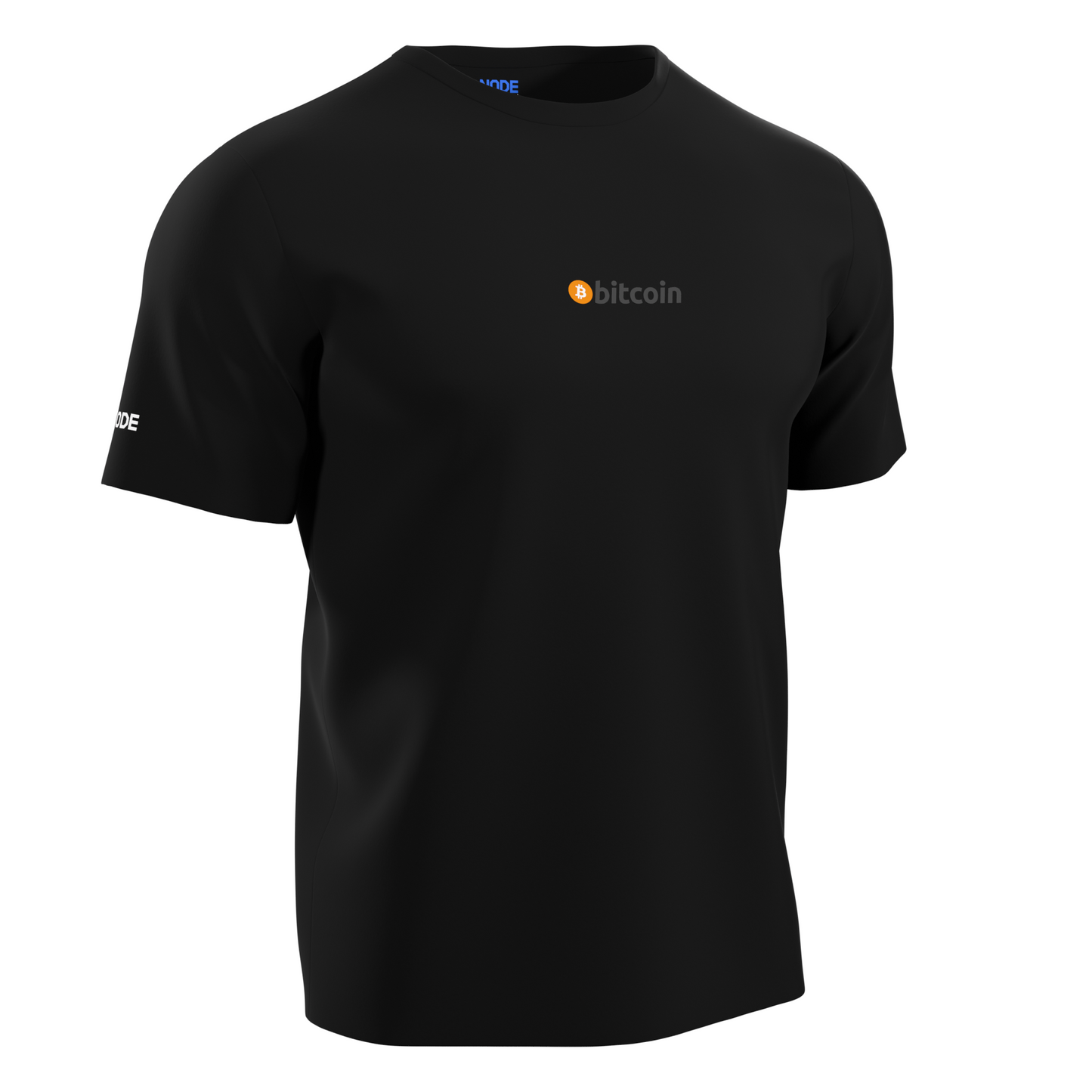 A Black Crypto-themed NODE T-Shirt with a Bitcoin decal on the front, made from ethical and sustainable materials.