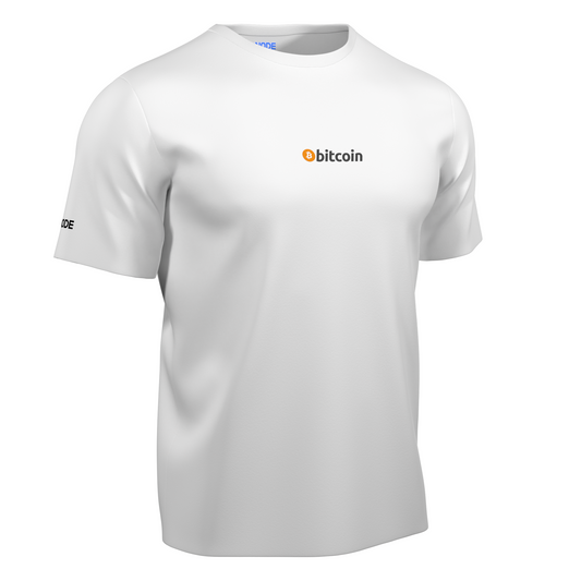 A White Crypto-themed NODE T-Shirt with a Bitcoin decal on the front, made from ethical and sustainable materials.