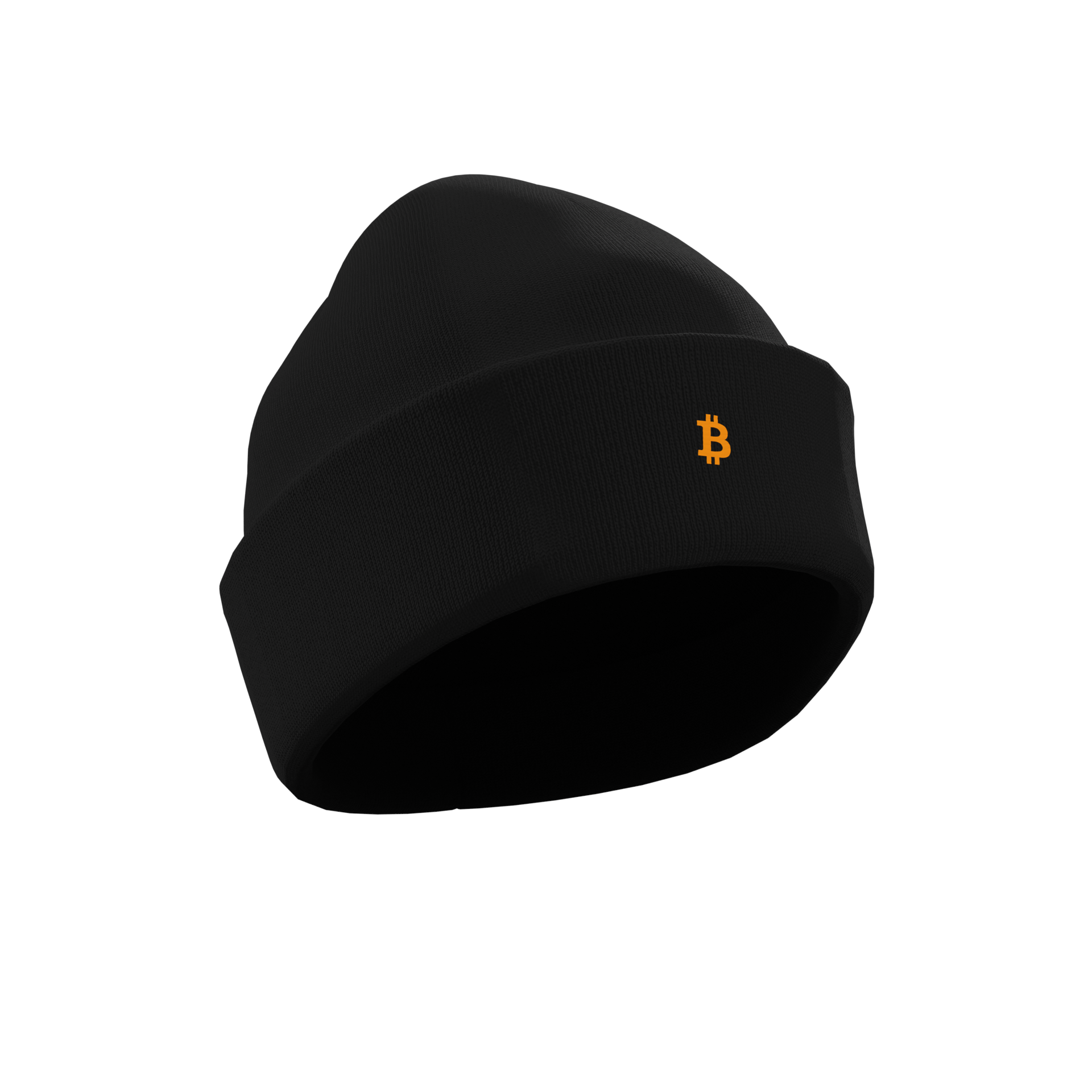 A Black Crypto-themed NODE Beanie with a Bitcoin decal on the front, made from ethical and sustainable materials.