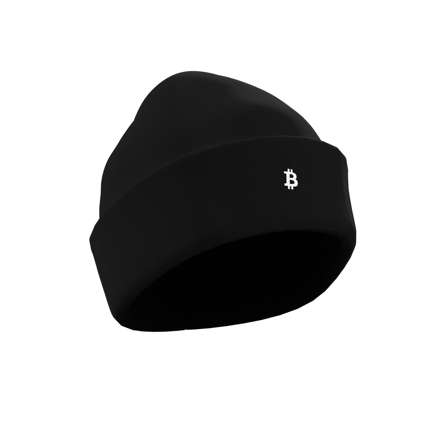 A Black Crypto-themed NODE Beanie with a Bitcoin decal on the front, made from ethical and sustainable materials.