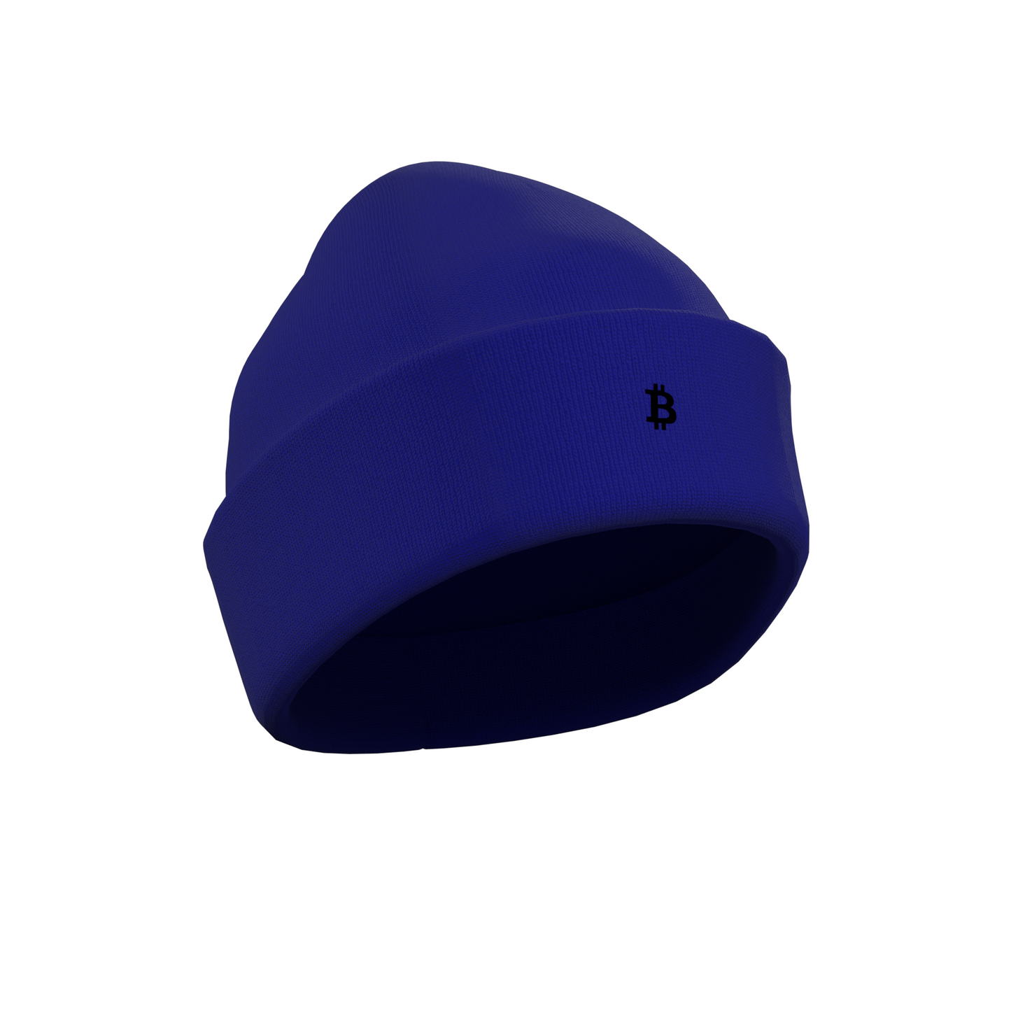 A Blue Crypto-themed NODE Beanie with a Bitcoin decal on the front, made from ethical and sustainable materials.