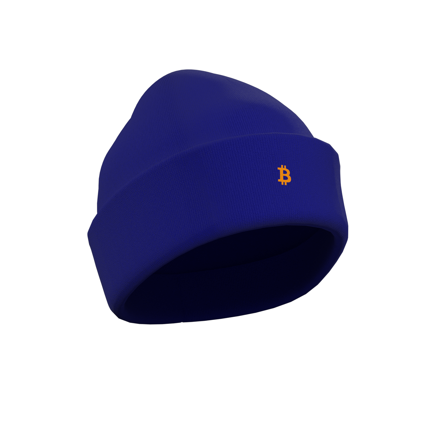 A Blue Crypto-themed NODE Beanie with a Bitcoin decal on the front, made from ethical and sustainable materials.