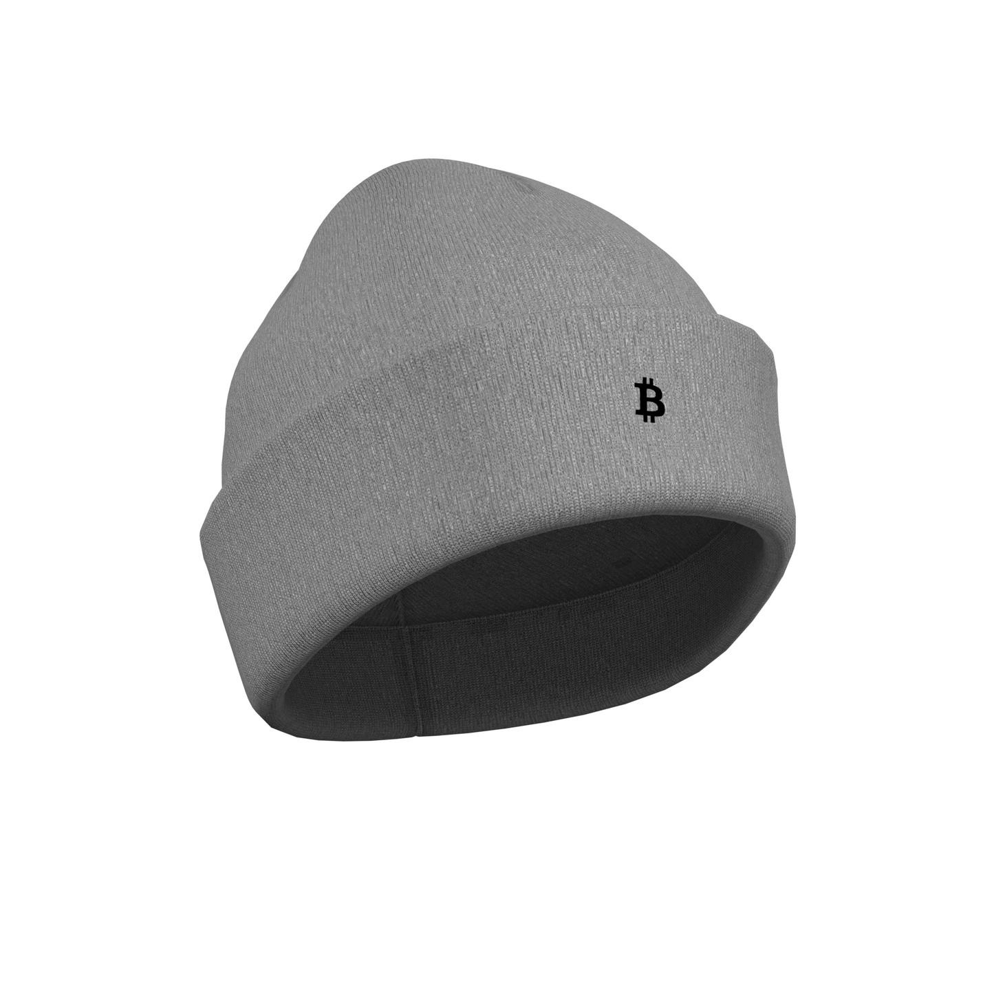 A Grey Crypto-themed NODE Beanie with a Bitcoin decal on the front, made from ethical and sustainable materials.