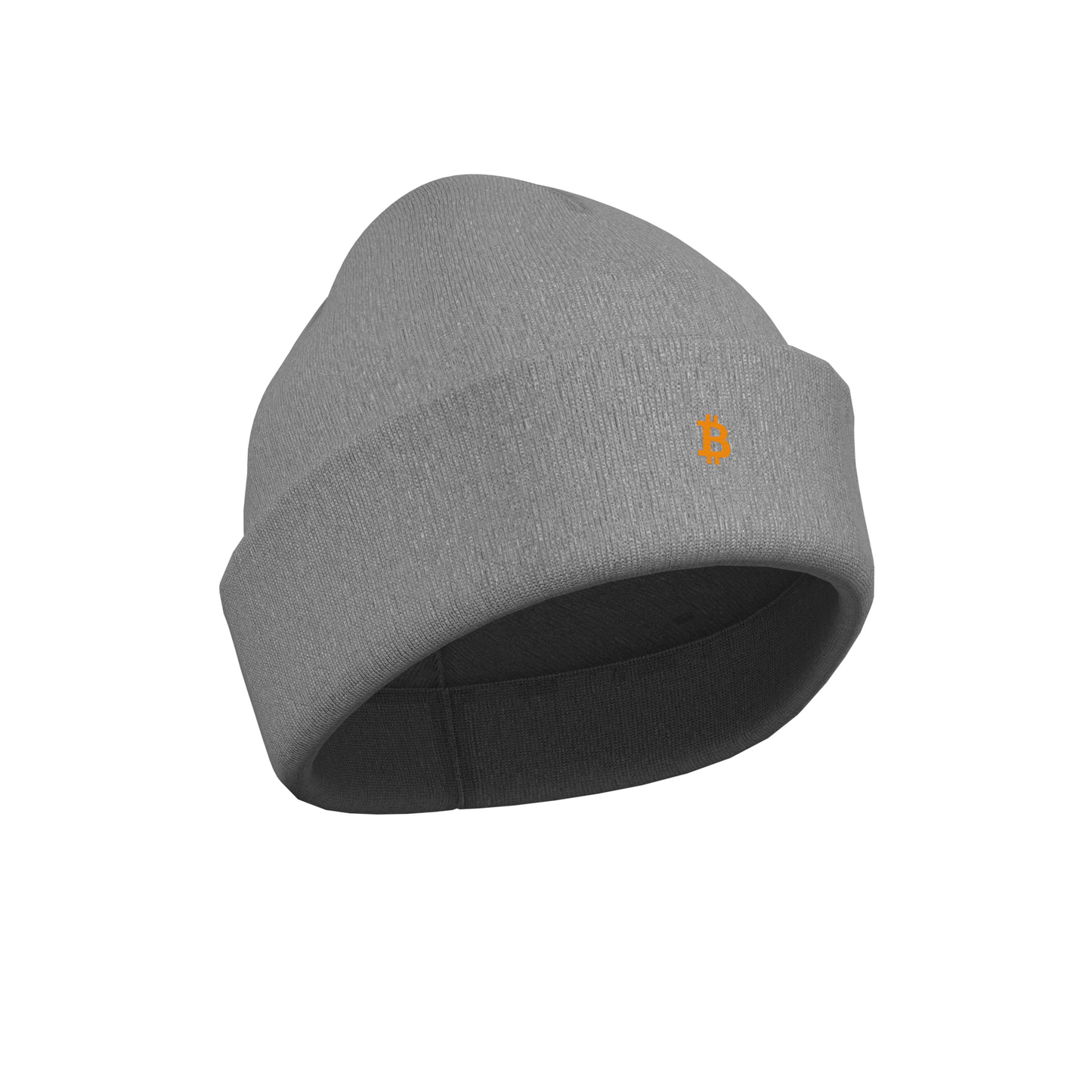 A Grey Crypto-themed NODE Beanie with a Bitcoin decal on the front, made from ethical and sustainable materials.