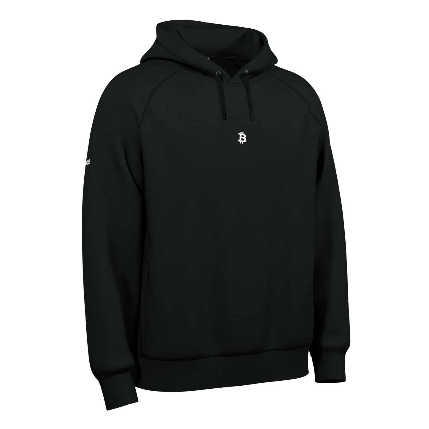 A Black Crypto-themed NODE Hoodie with a Bitcoin decal on the front, made from ethical and sustainable materials.