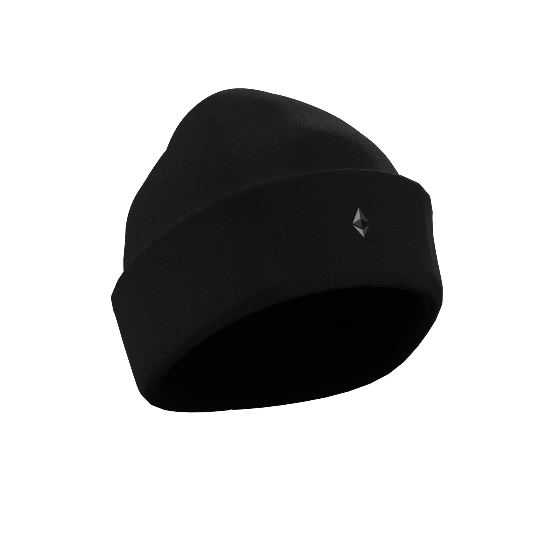 A Black Crypto-themed NODE Beanie with a Ethereum decal on the front, made from ethical and sustainable materials.