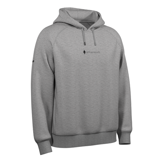 A Grey Crypto-themed NODE Hoodie with a Ethereum decal on the front, made from ethical and sustainable materials.