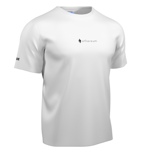 A White Crypto-themed NODE T-Shirt with a Ethereum decal on the front, made from ethical and sustainable materials.