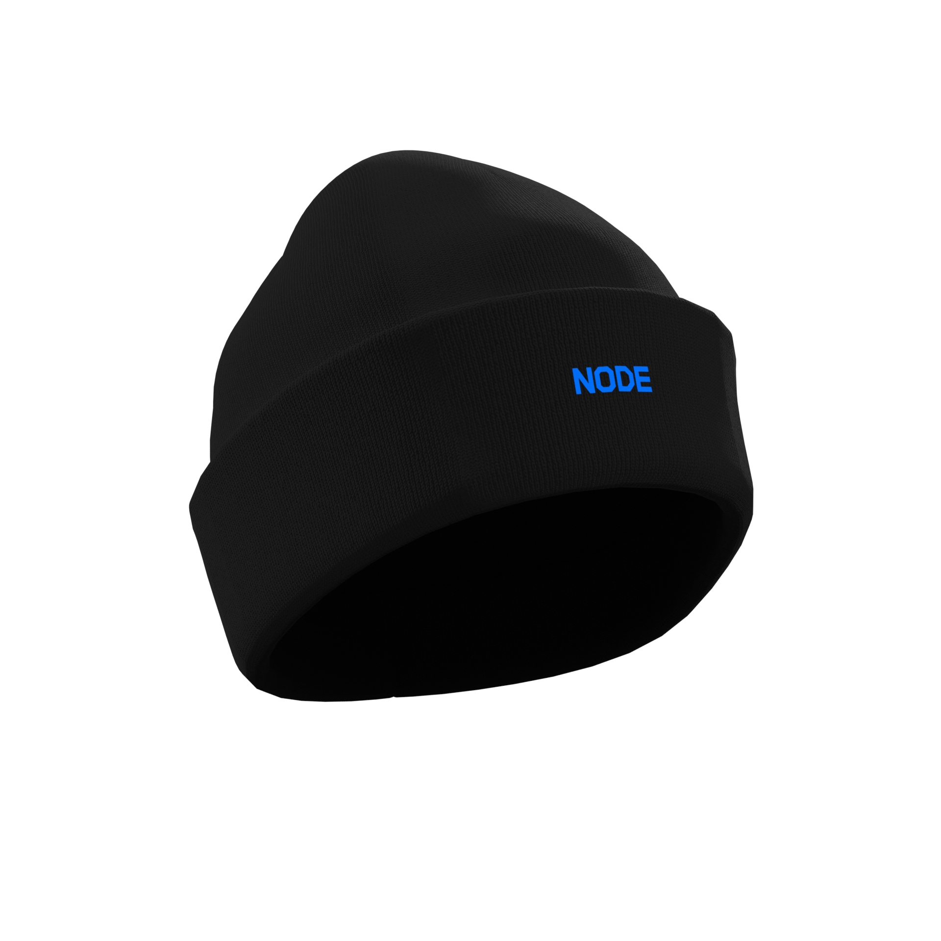 A Black NODE Beanie with a NODE decal on the front, made from ethical and sustainable materials.