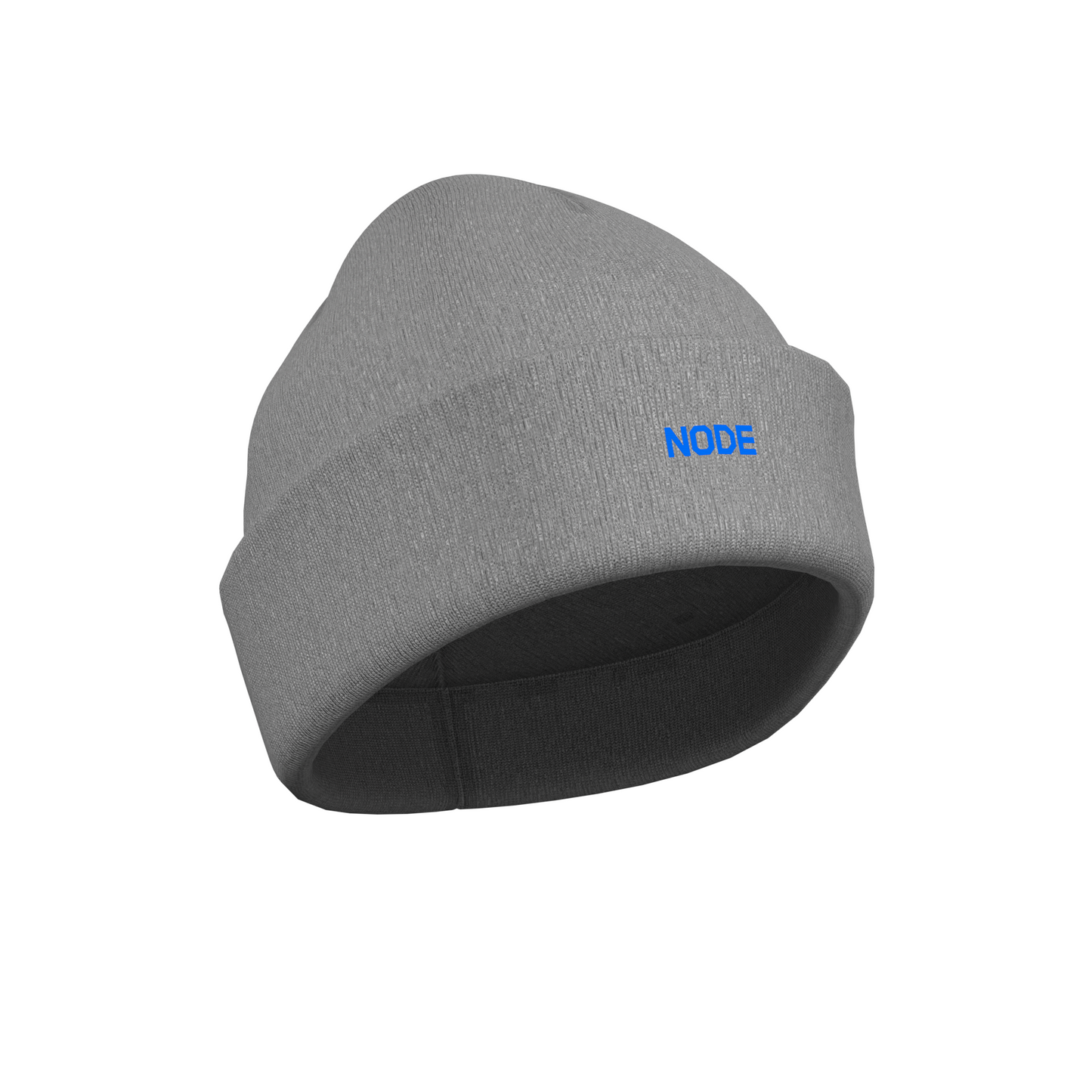 A Grey NODE Beanie with a NODE decal on the front, made from ethical and sustainable materials.