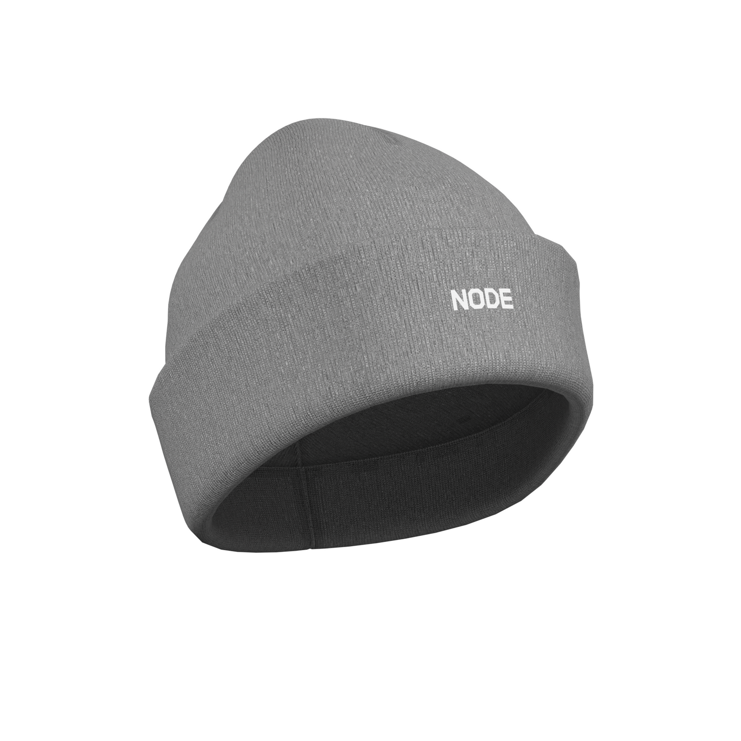 A Grey NODE Beanie with a NODE decal on the front, made from ethical and sustainable materials.