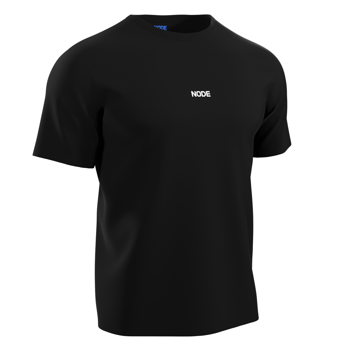 A Black NODE T-Shirt with a NODE decal on the front, made from ethical and sustainable materials.