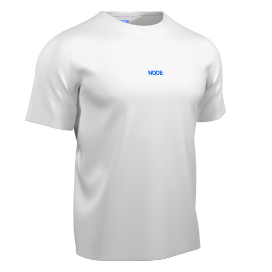 A White NODE T-Shirt with a NODE decal on the front, made from ethical and sustainable materials.