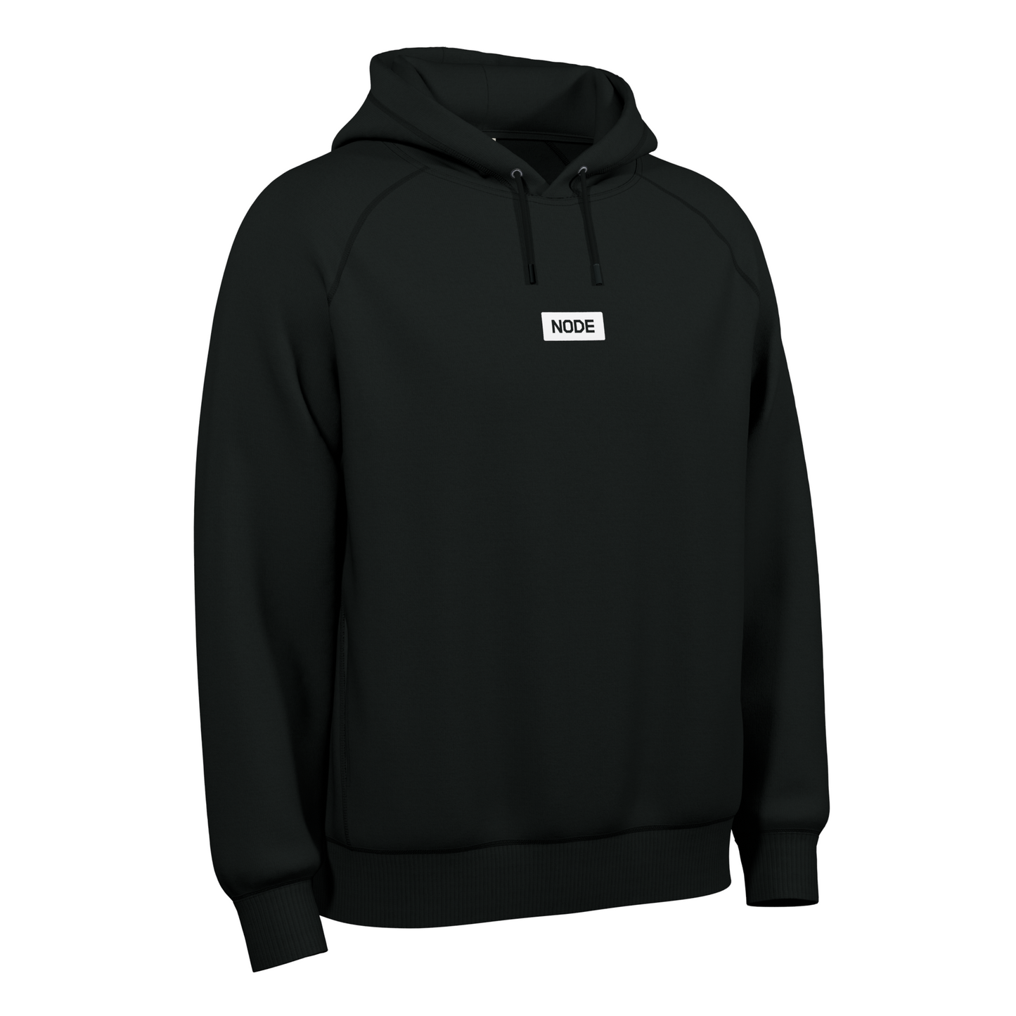 A Black NODE Hoodie with a NODE Cutout decal on the front, made from ethical and sustainable materials.