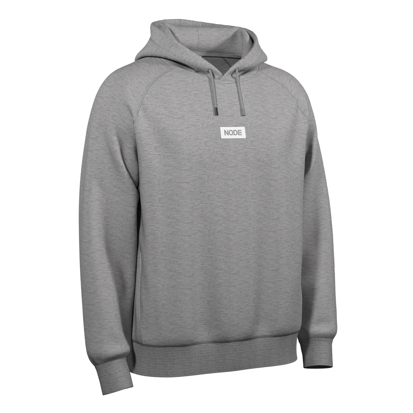 A Grey NODE Hoodie with a NODE Cutout decal on the front, made from ethical and sustainable materials.