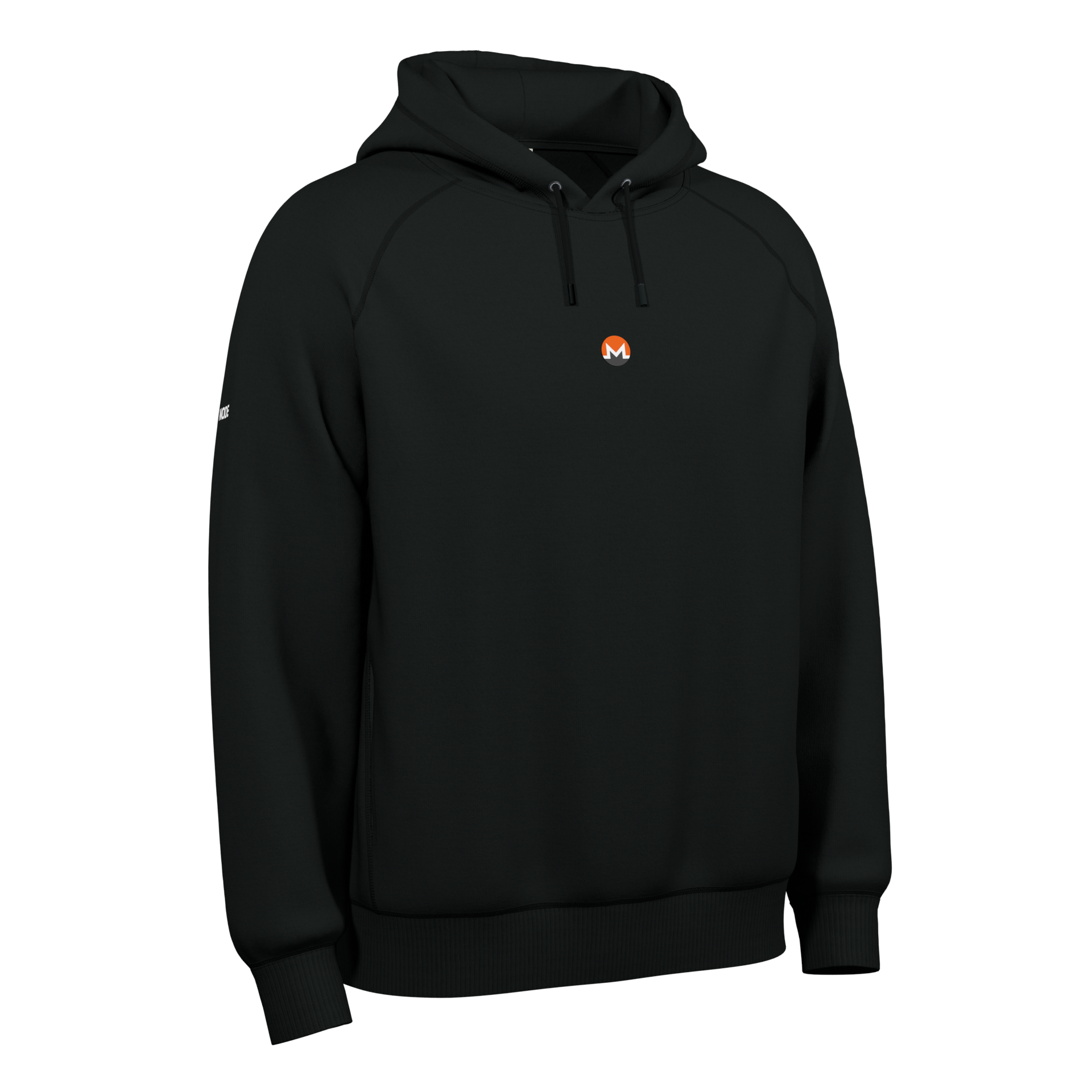 A Black Crypto-themed NODE Hoodie with a Monero decal on the front, made from ethical and sustainable materials.