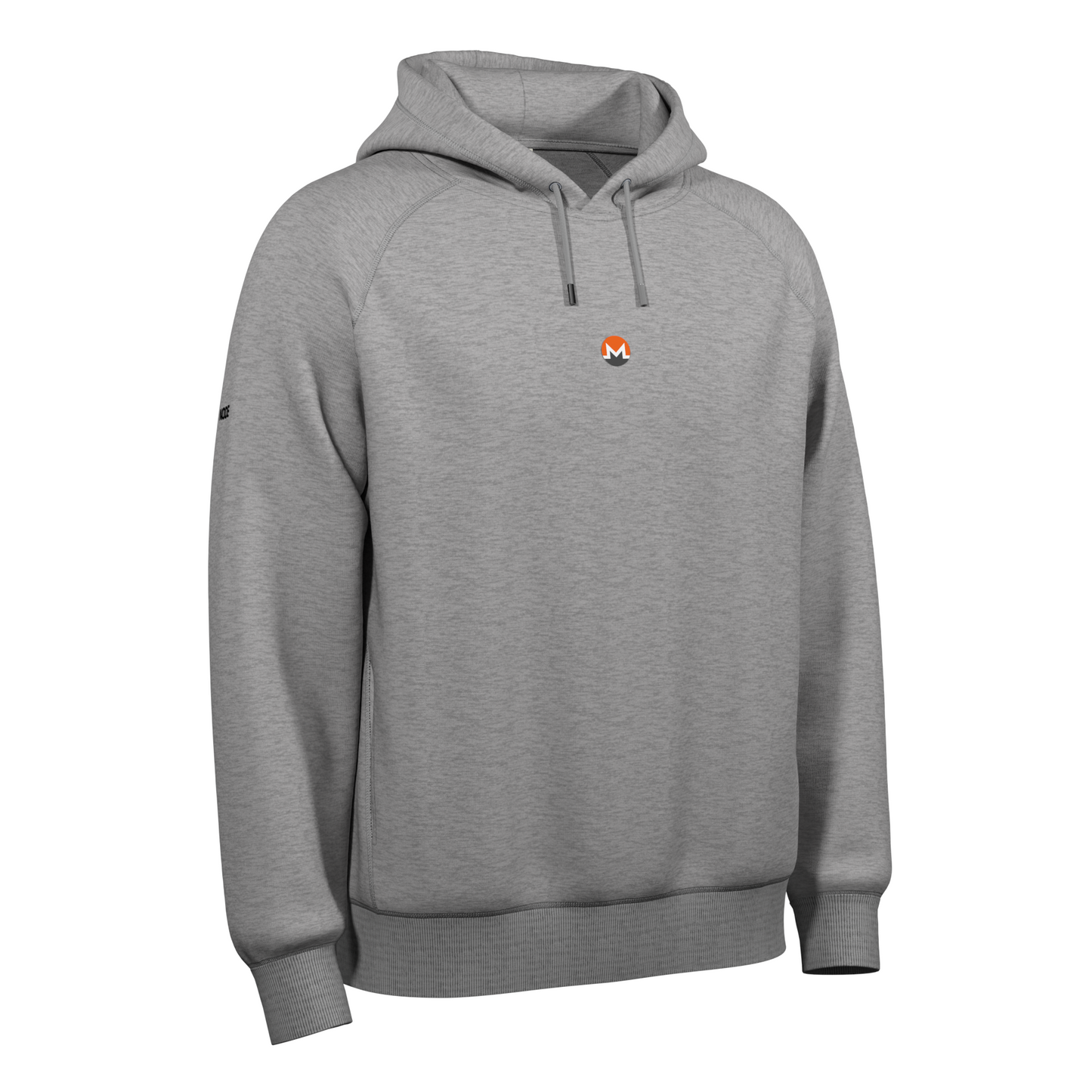 A Grey Crypto-themed NODE Hoodie with a Monero decal on the front, made from ethical and sustainable materials.