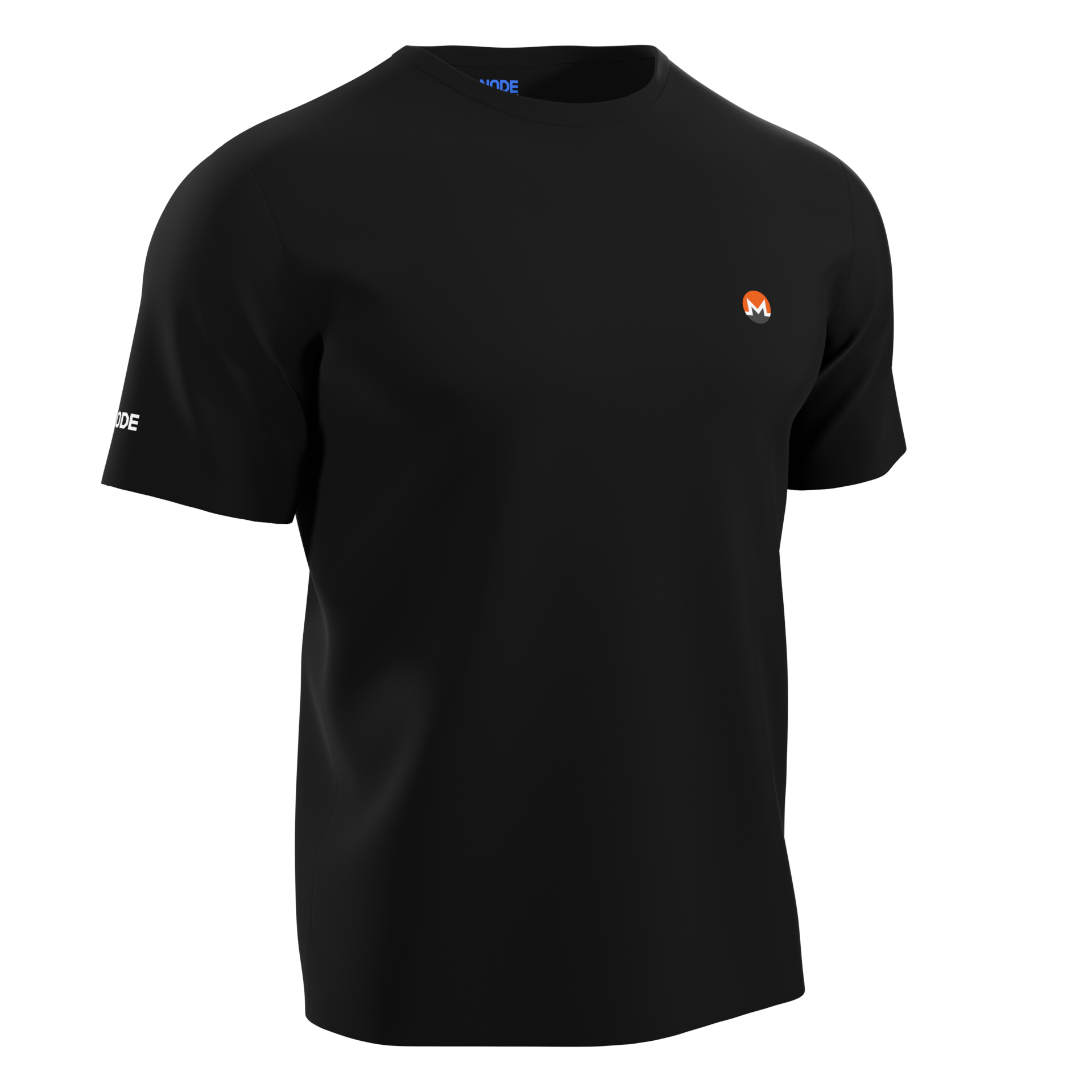 A Black Crypto-themed NODE T-Shirt with a Monero decal on the front, made from ethical and sustainable materials.