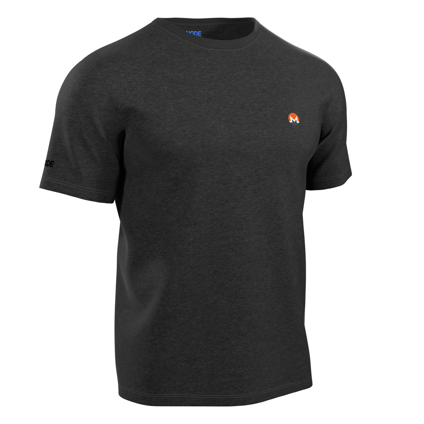 A Grey Crypto-themed NODE T-Shirt with a Monero decal on the front, made from ethical and sustainable materials.