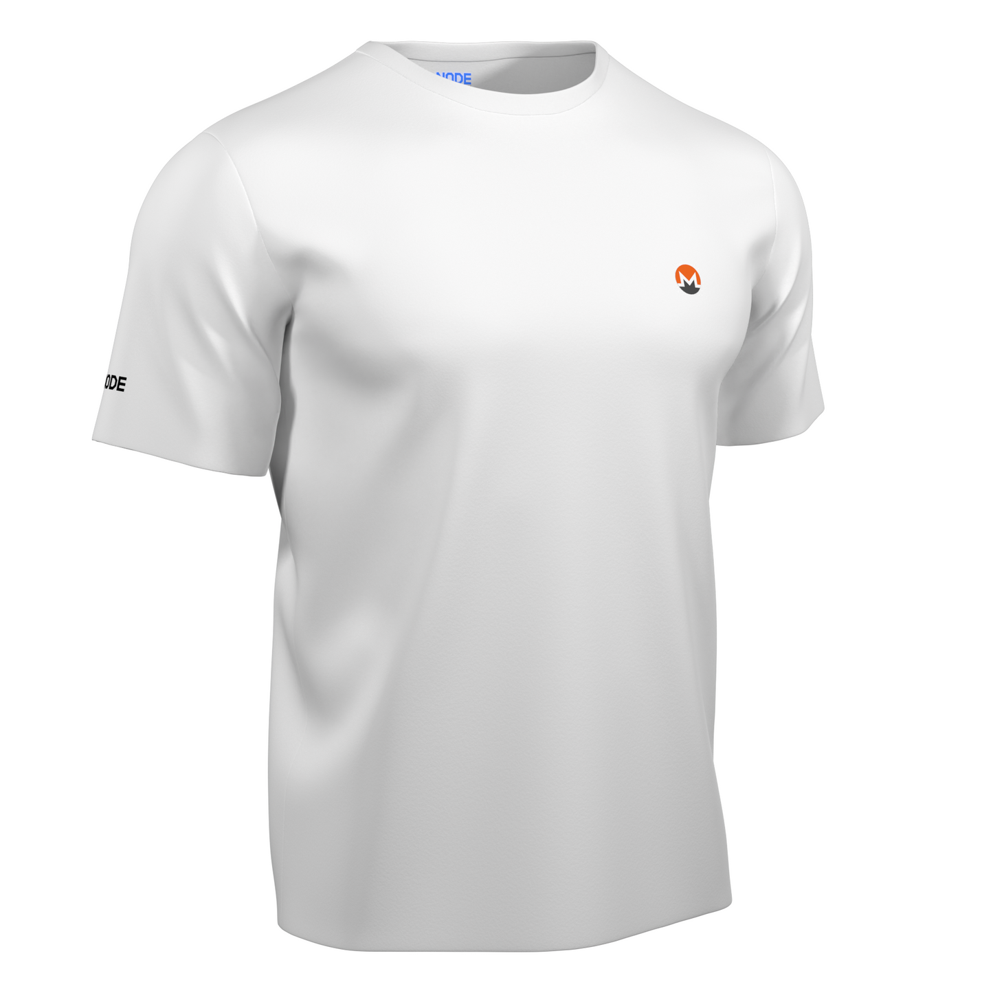 A White Crypto-themed NODE T-Shirt with a Monero decal on the front, made from ethical and sustainable materials.