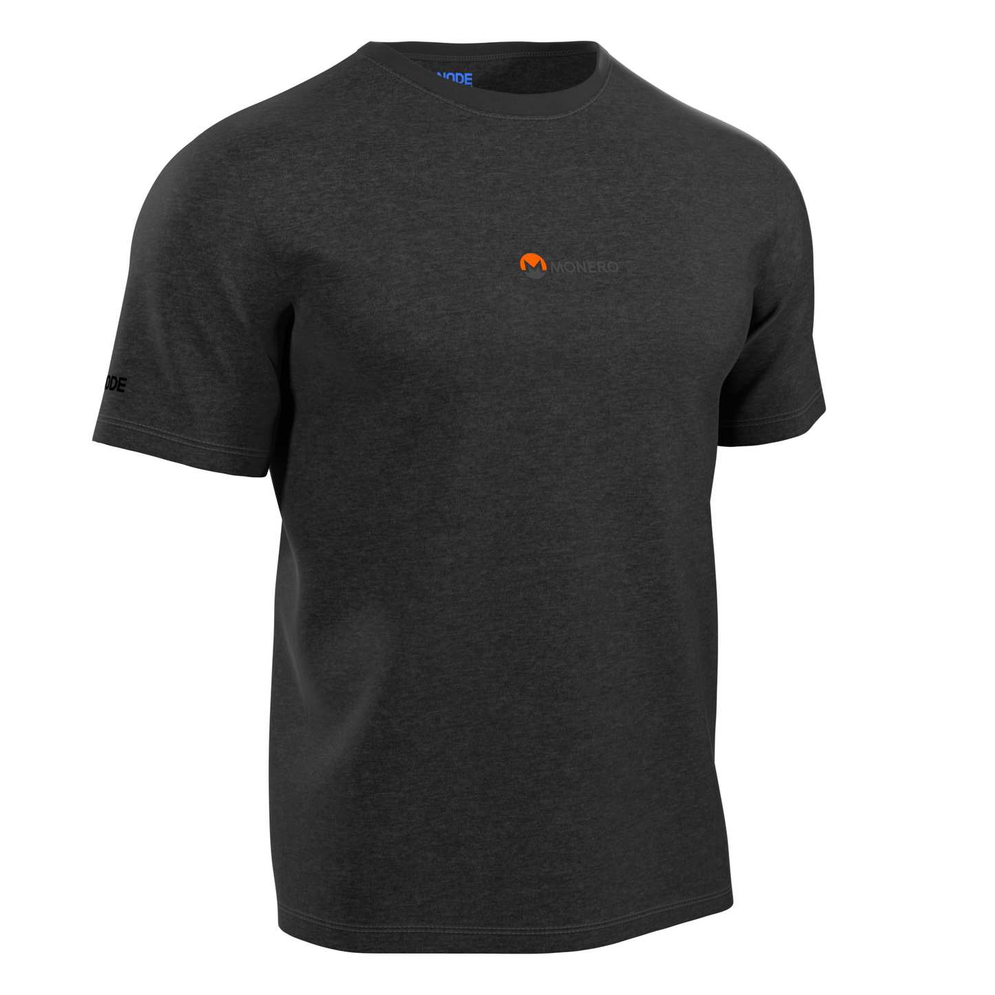 A Grey Crypto-themed NODE T-Shirt with a Monero decal on the front, made from ethical and sustainable materials.