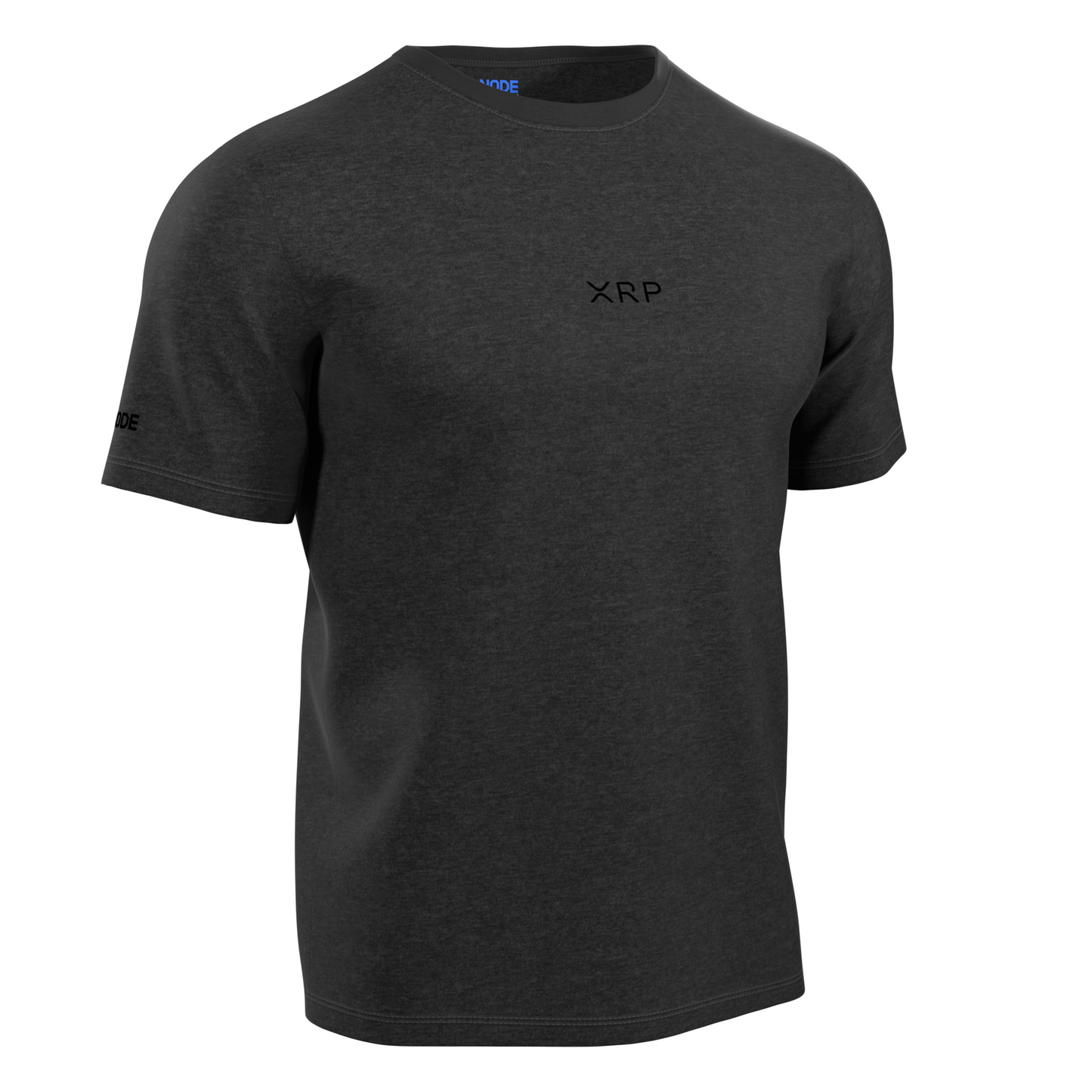 A Grey Crypto-themed NODE T-Shirt with a XRP decal on the front, made from ethical and sustainable materials.