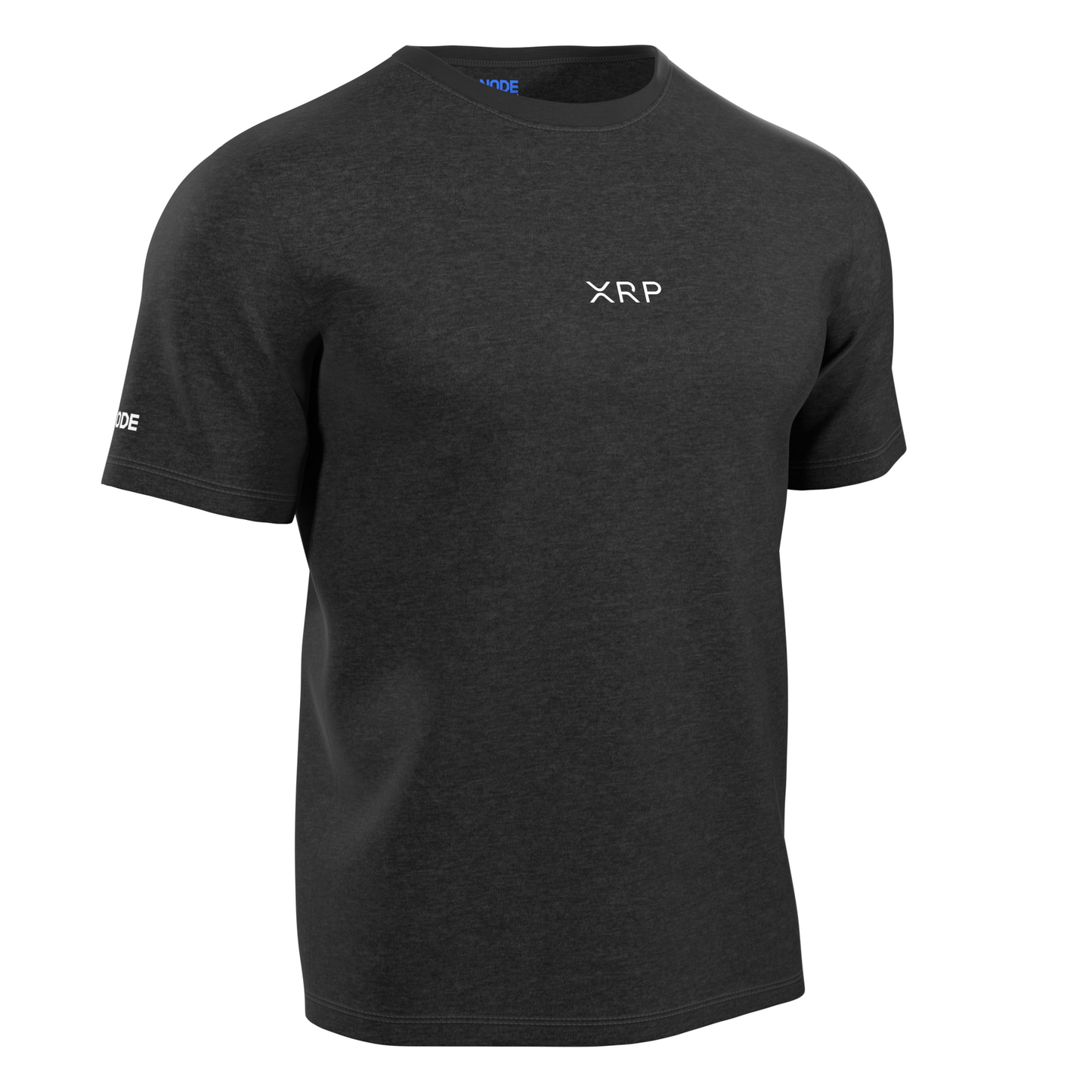 A Grey Crypto-themed NODE T-Shirt with a XRP decal on the front, made from ethical and sustainable materials.